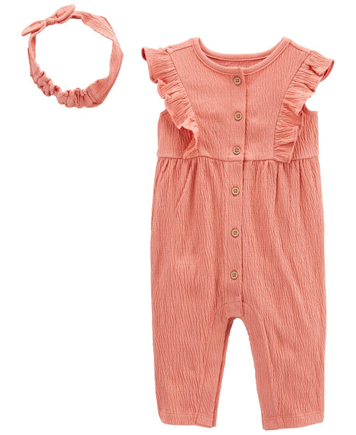 Carter's Baby Girls Crinkle Jersey Jumpsuit and Headwrap, 2 Piece Set - Pink - Image 1