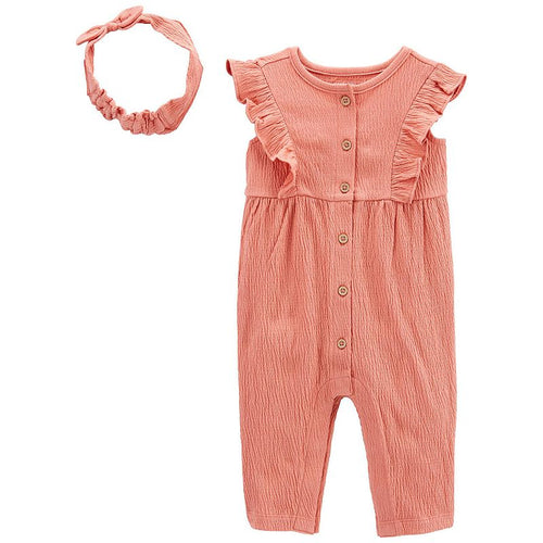 Carter's Baby Girls Crinkle Jersey Jumpsuit and Headwrap, 2 Piece Set - Pink - Image 2
