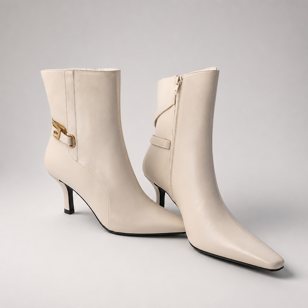 Andrew Geller Beige Ankle Boots with Gold Buckle Detail - Image 1