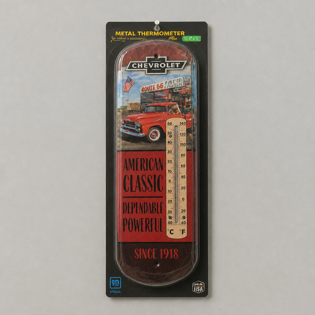 Chevrolet Metal Thermometer Route 66 Design 13.5" x 5" - Image 1