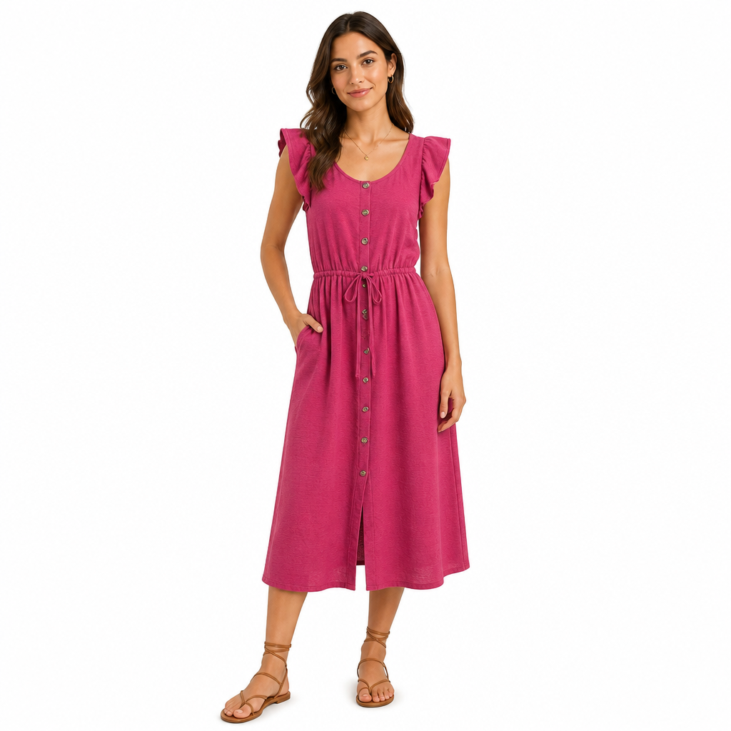 Pink Button-Down Midi Dress with Ruffle Sleeves - Image 1