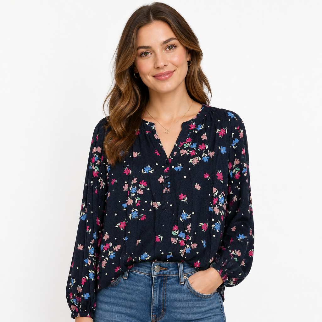 Kim Rogers Floral Blouse XL Navy Long Sleeve - Image 1