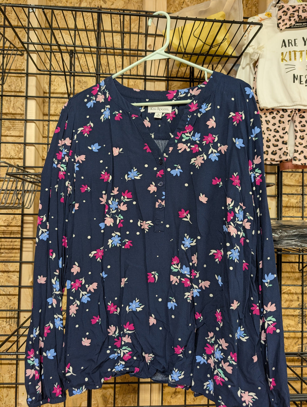 Kim Rogers Floral Blouse XL Navy Long Sleeve - Image 2