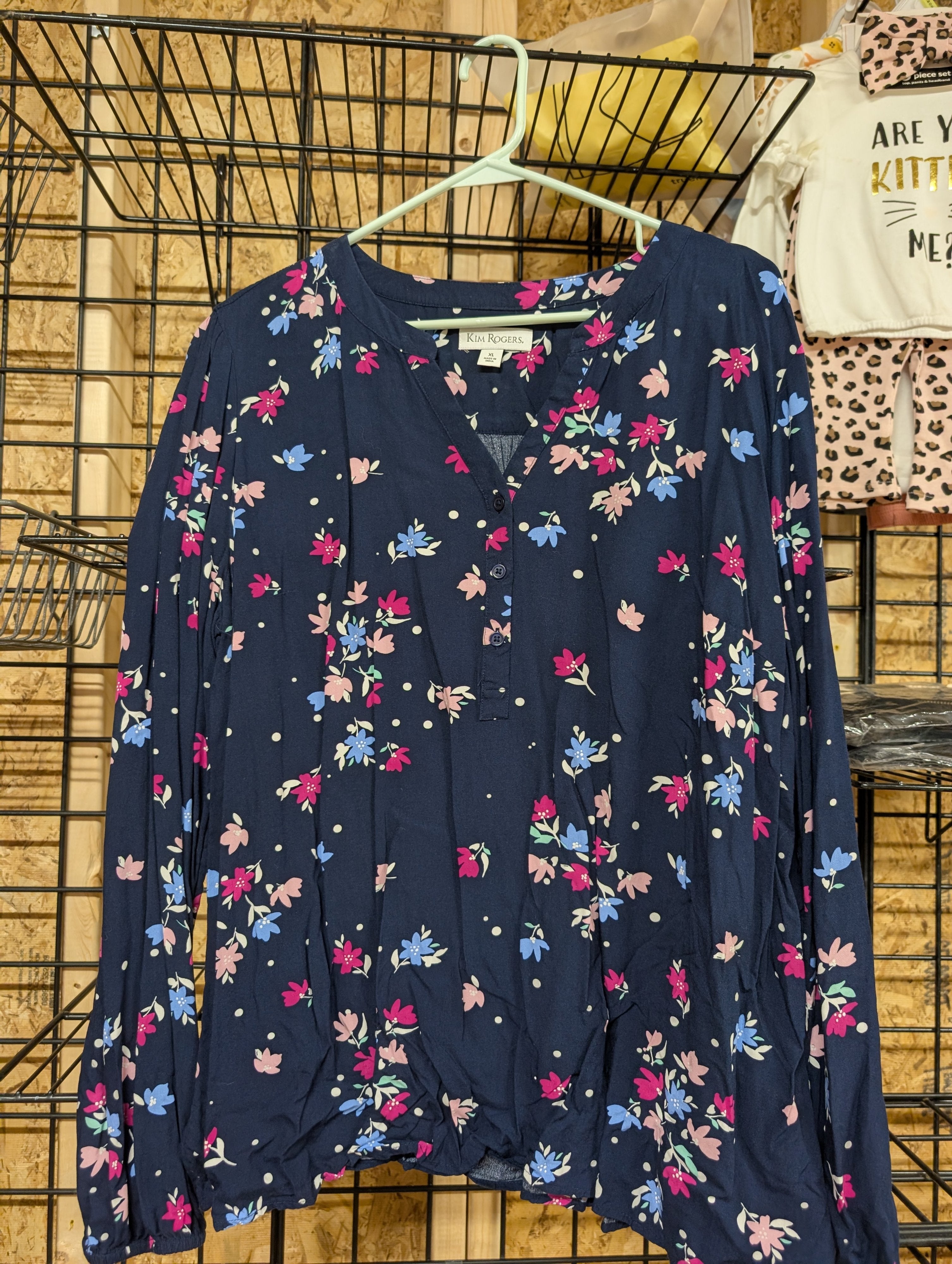 Kim Rogers Floral Blouse XL Navy Long Sleeve - Image 2