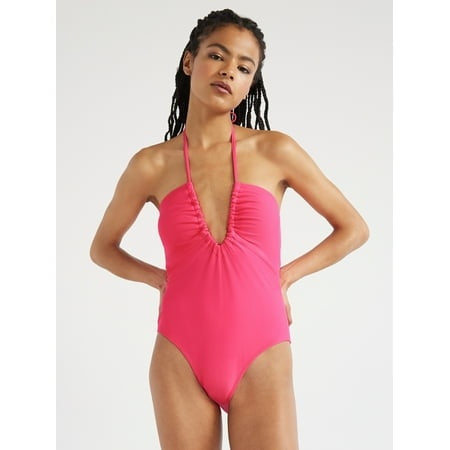 No Boundaries Juniors Ruched V-Neck One-Piece Swimsuit  Size M 7-9 - Image 1