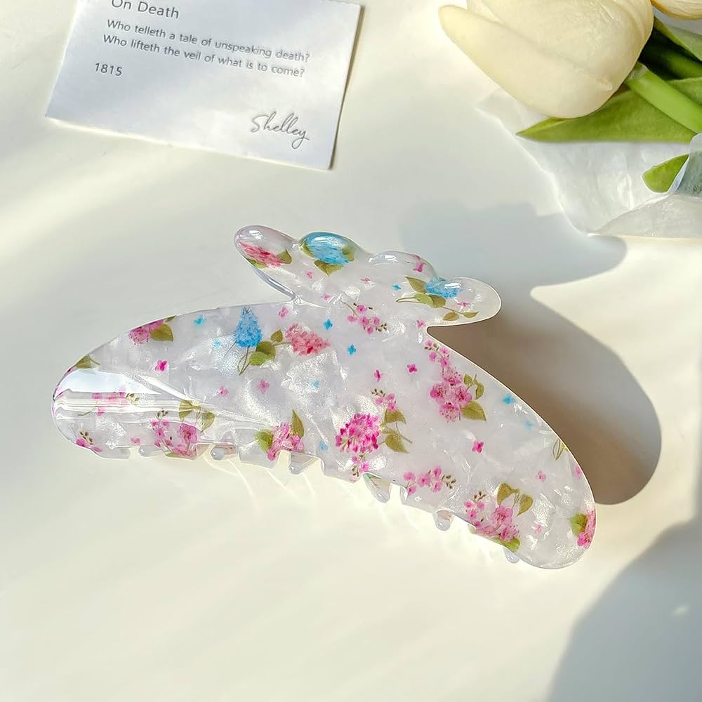 Easter Floral Print Claw Hair Clip - White/Pink: Fashion Accessory for All Hair Types, Plastic & Steel, Solid Pattern - Image 3