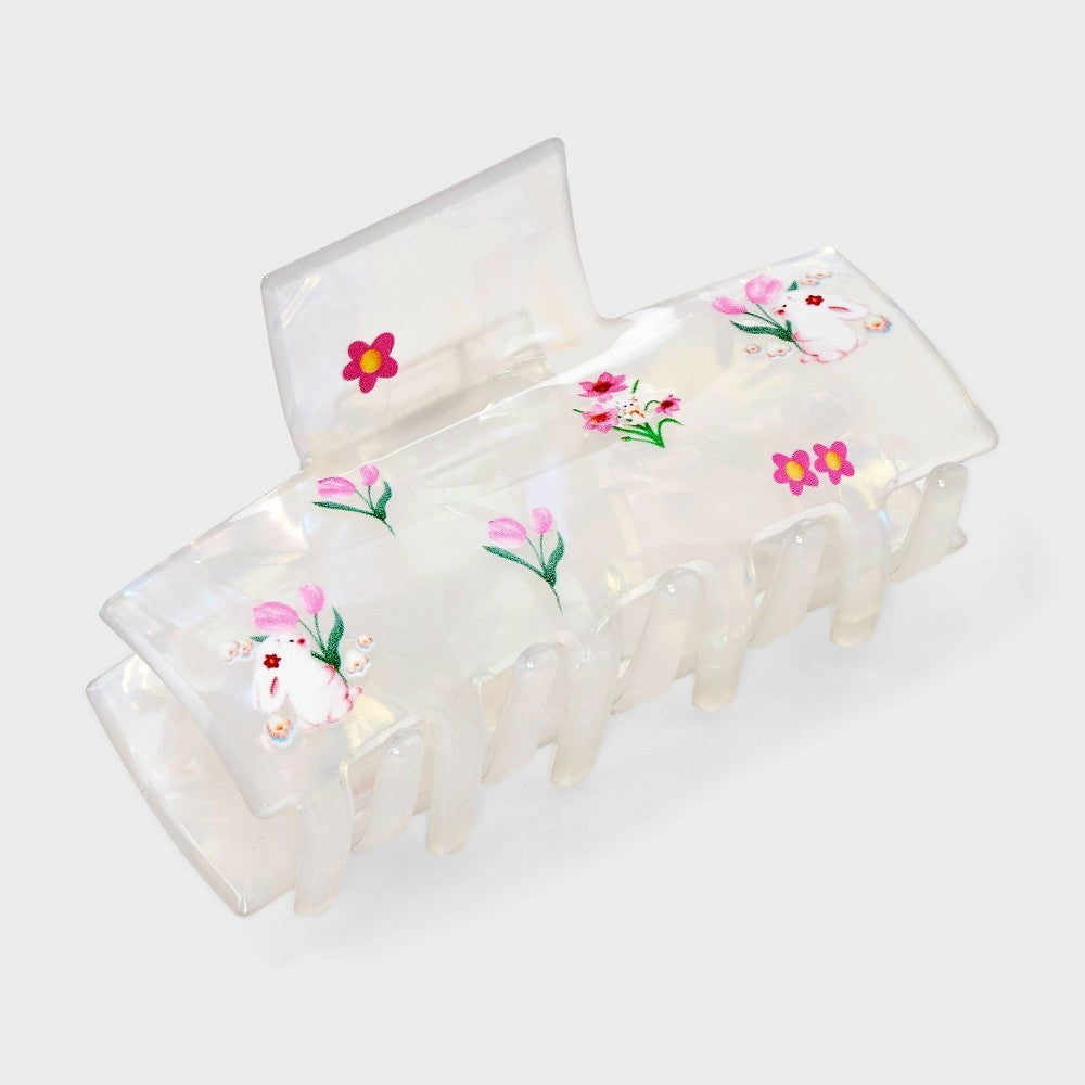 Easter Floral Print Claw Hair Clip - White/Pink: Fashion Accessory for All Hair Types, Plastic & Steel, Solid Pattern - Image 1