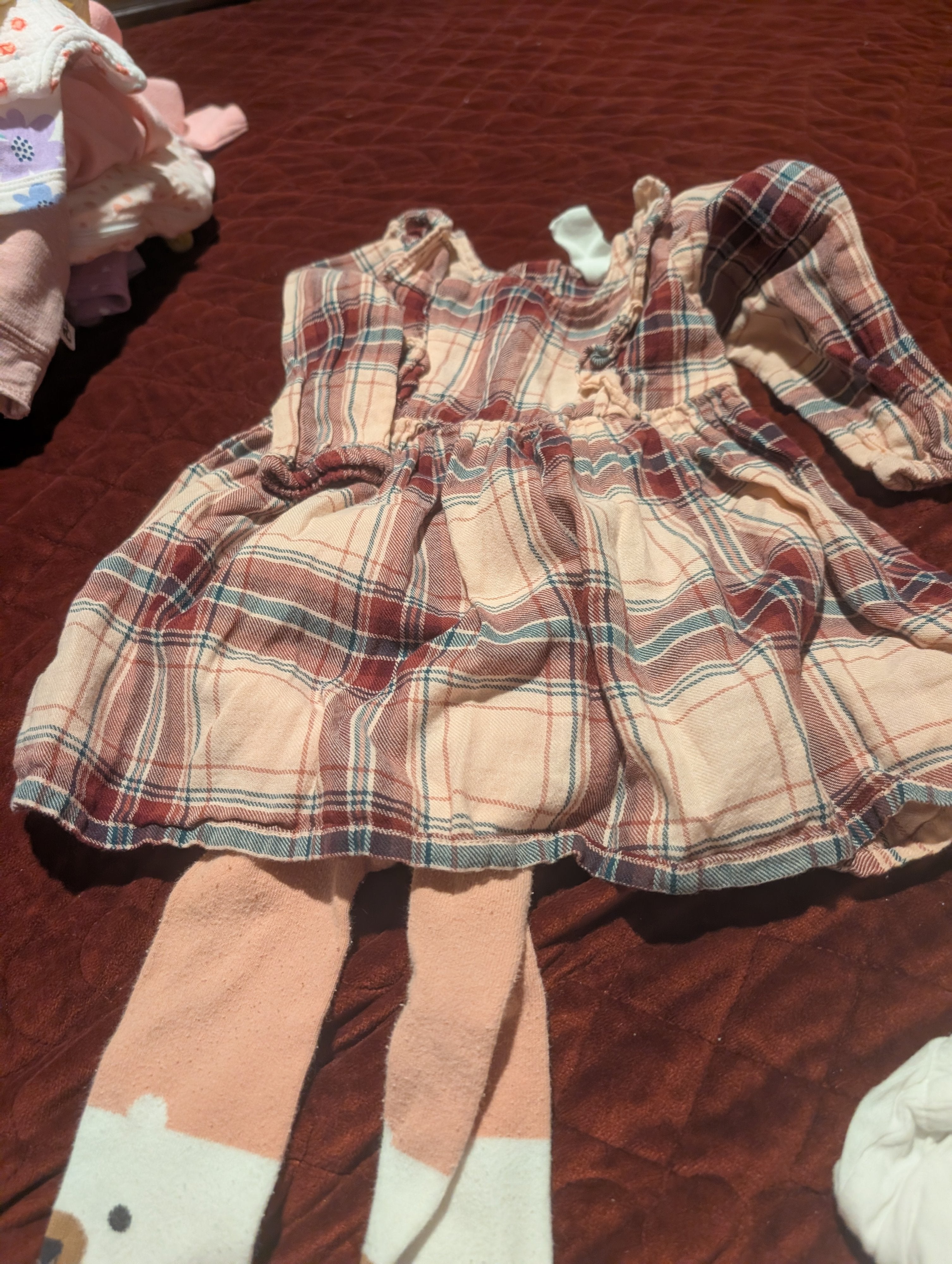 H&M Baby Plaid Dress with Bear Tights, Size 6-9M - Image 2