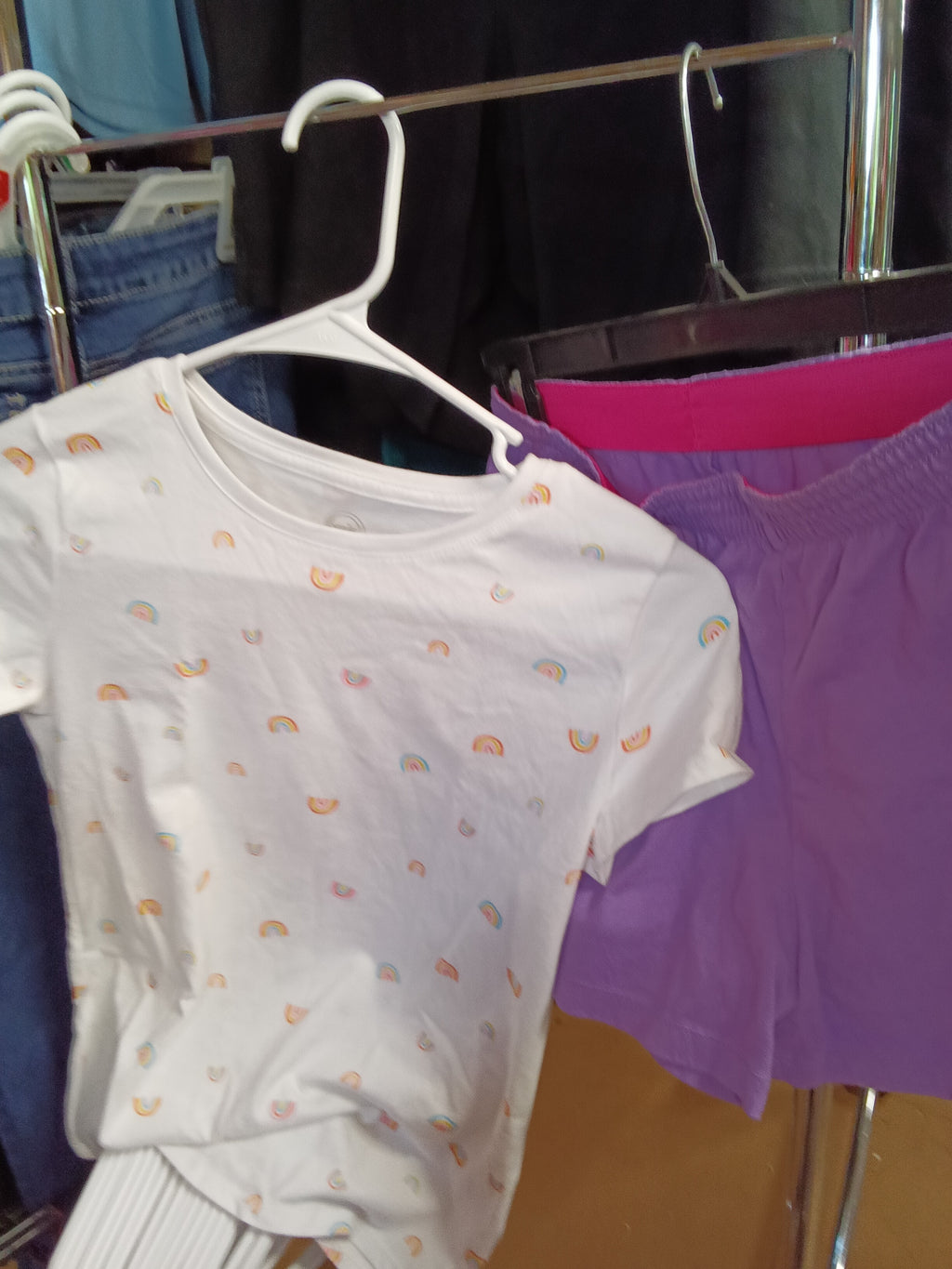 Wonder Nation Girls' Rainbow T-Shirt and Purple Shorts Set (10-12) - Image 1