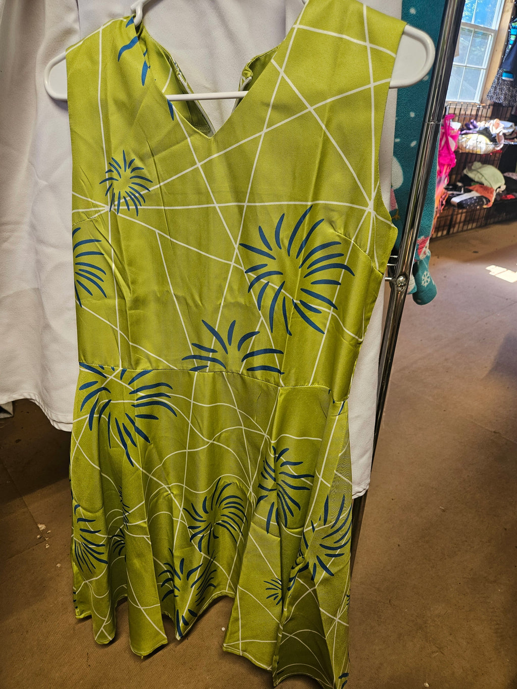 Green Sleeveless Dress with Blue Floral Print,with long yellow socks Size M - Image 2