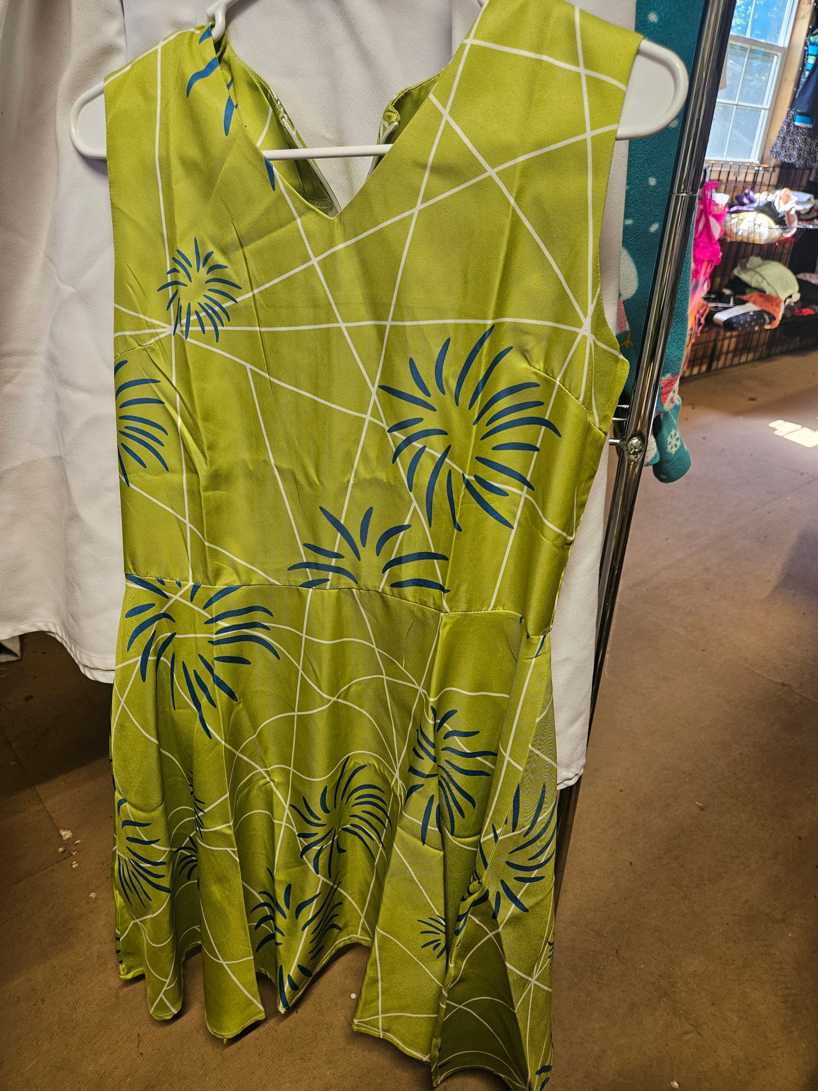 Green Sleeveless Dress with Blue Floral Print,with long yellow socks Size M - Image 2