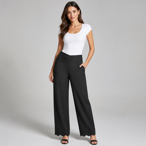 Black Wide-Leg Pants with Scalloped Hem Detail - Image 1