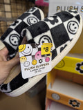 Ladies Plush Slippers Black White Smiley Large 9-10 - Image 1