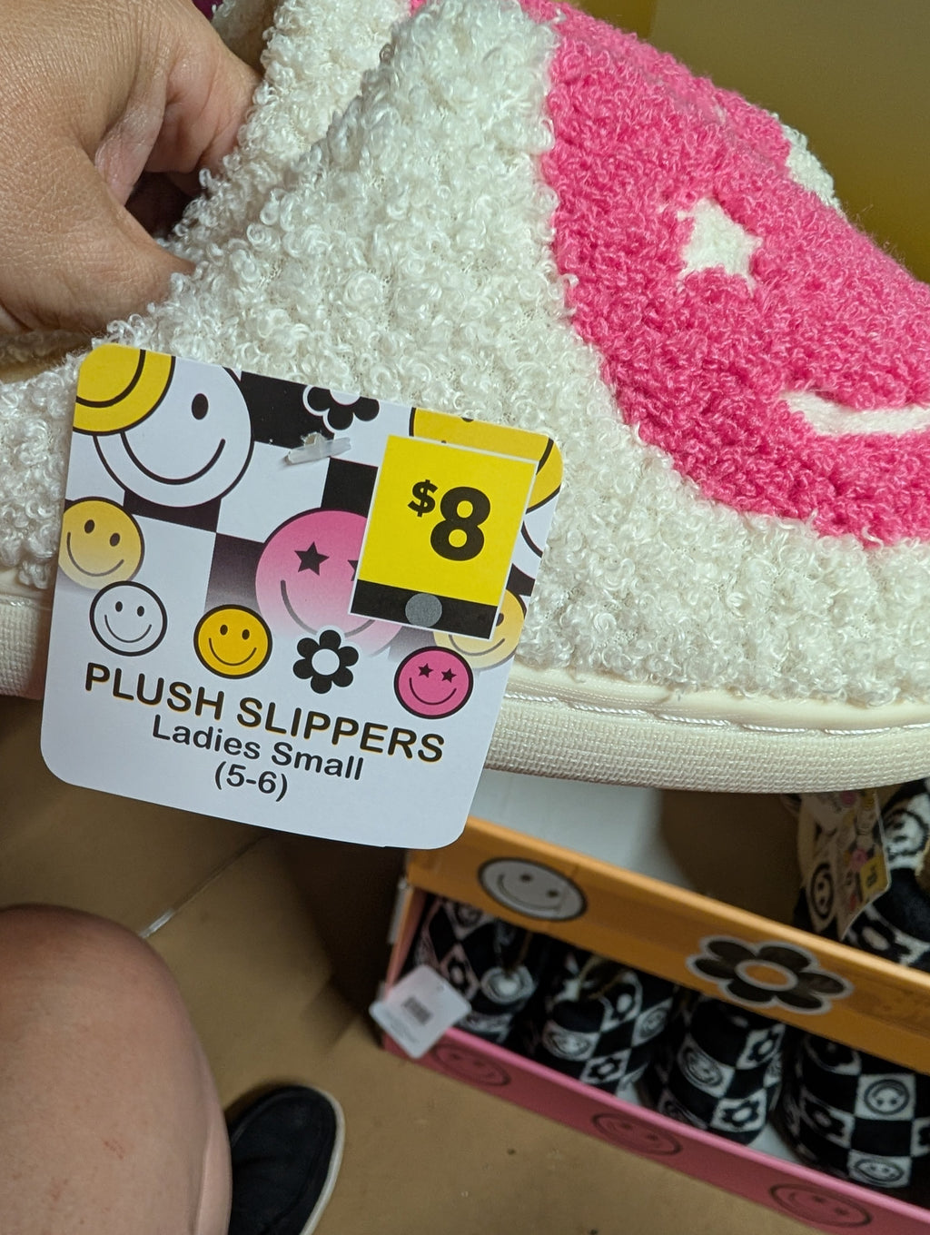 Plush Ladies Slippers Small 5-6 with Pink Smiley Design - Image 1