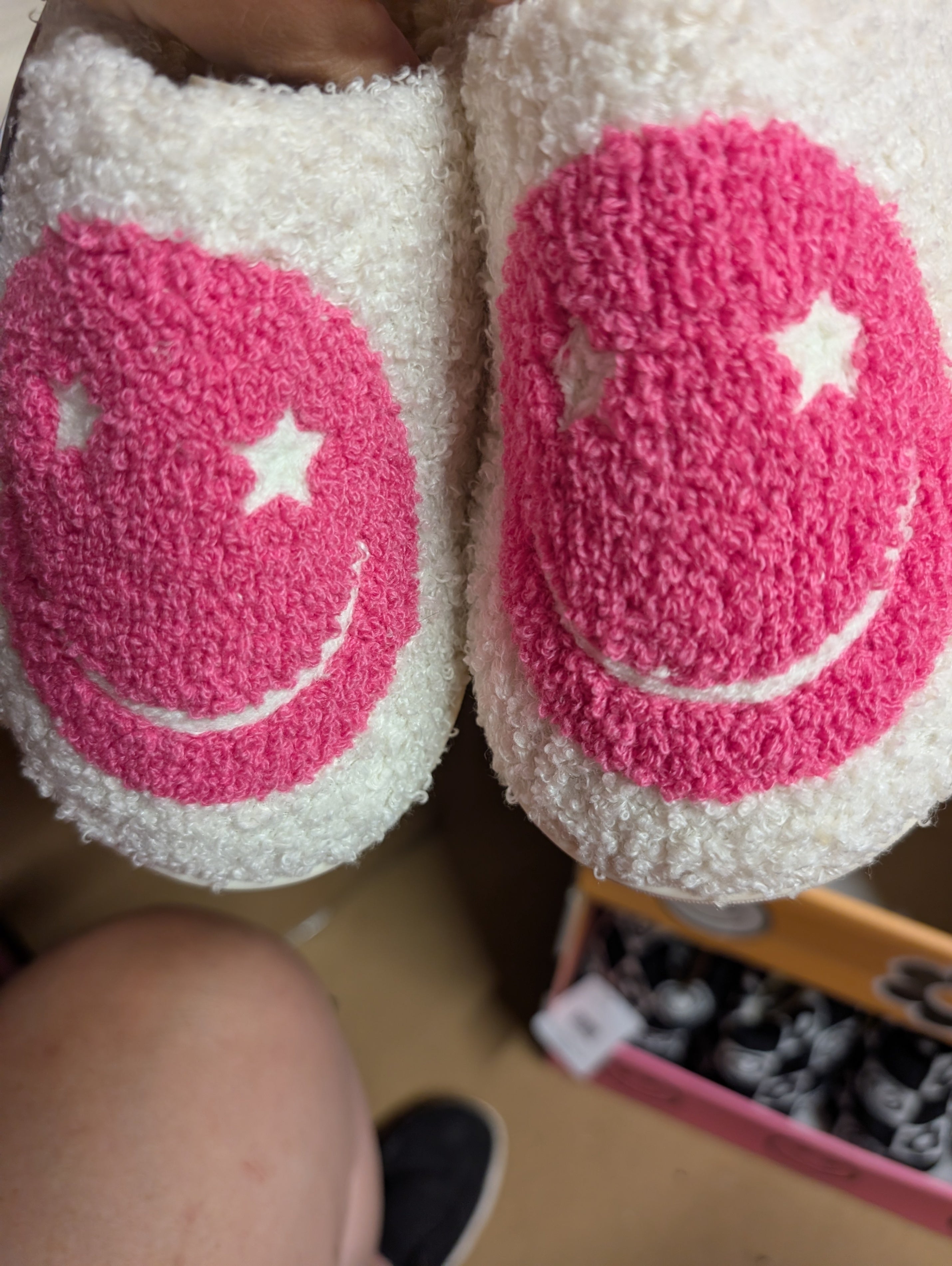 Plush Ladies Slippers Small 5-6 with Pink Smiley Design - Image 3