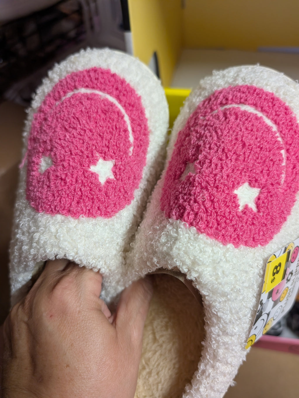 Plush Ladies Slippers Small 5-6 with Pink Smiley Design - Image 2