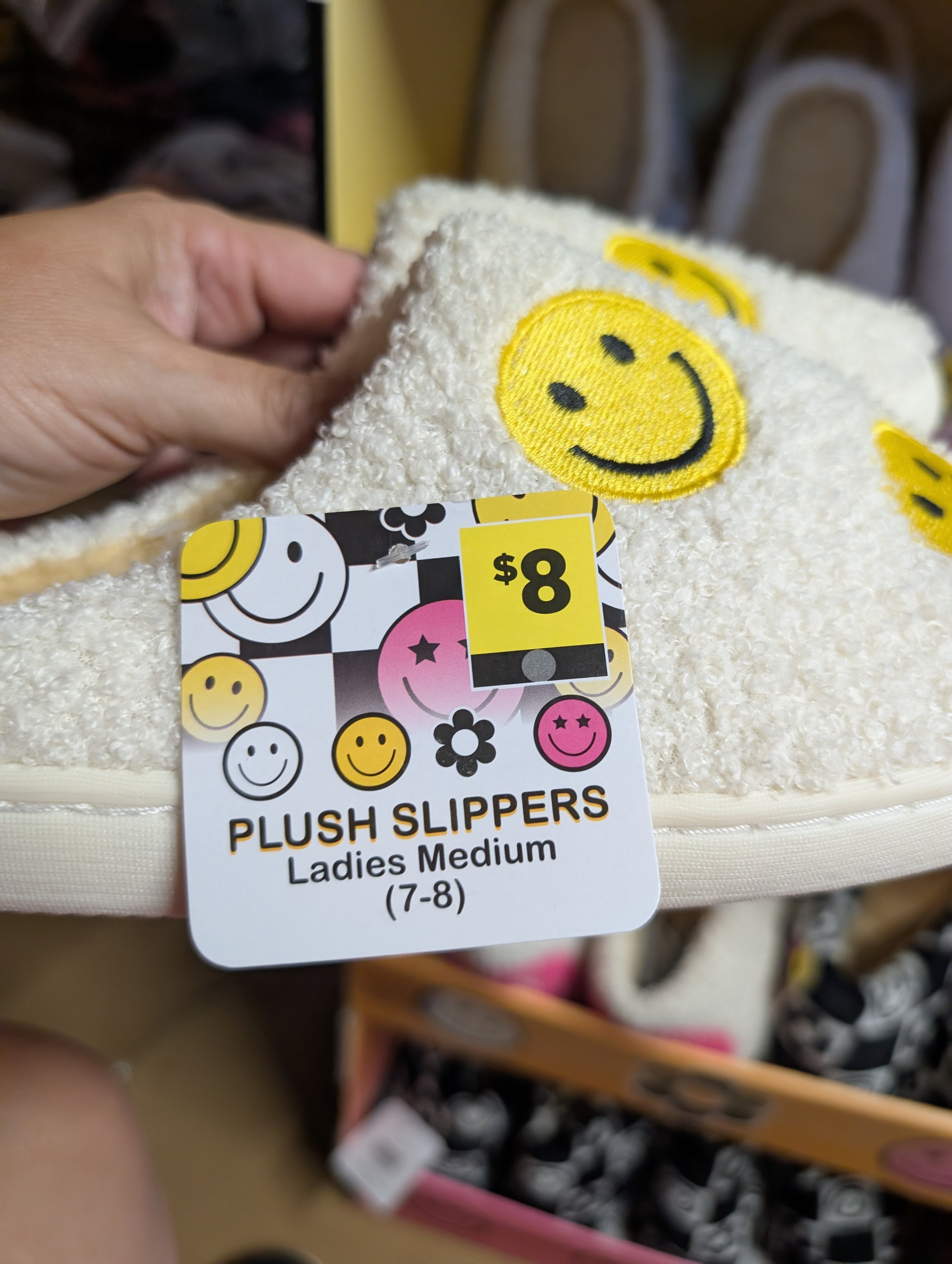 Plush Ladies Slippers Medium 7-8 with Smiley Face Design - Image 2