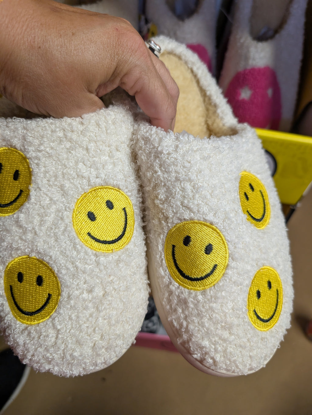 Plush Ladies Slippers Medium 7-8 with Smiley Face Design - Image 3