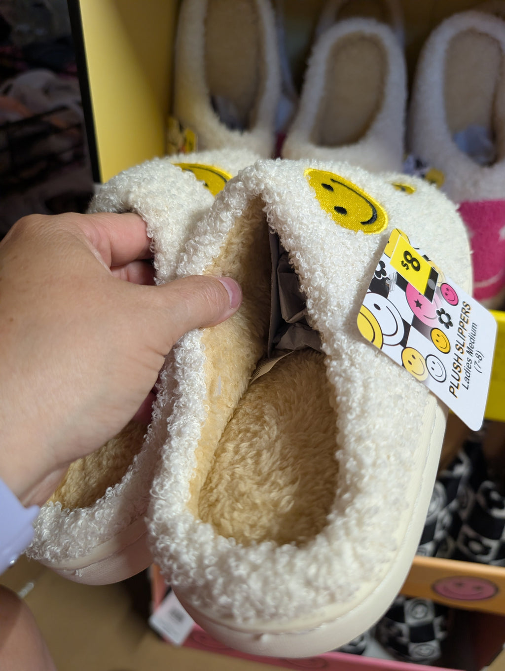 Plush Smiley Face Slippers Ladies Size 5-6 - Image 1