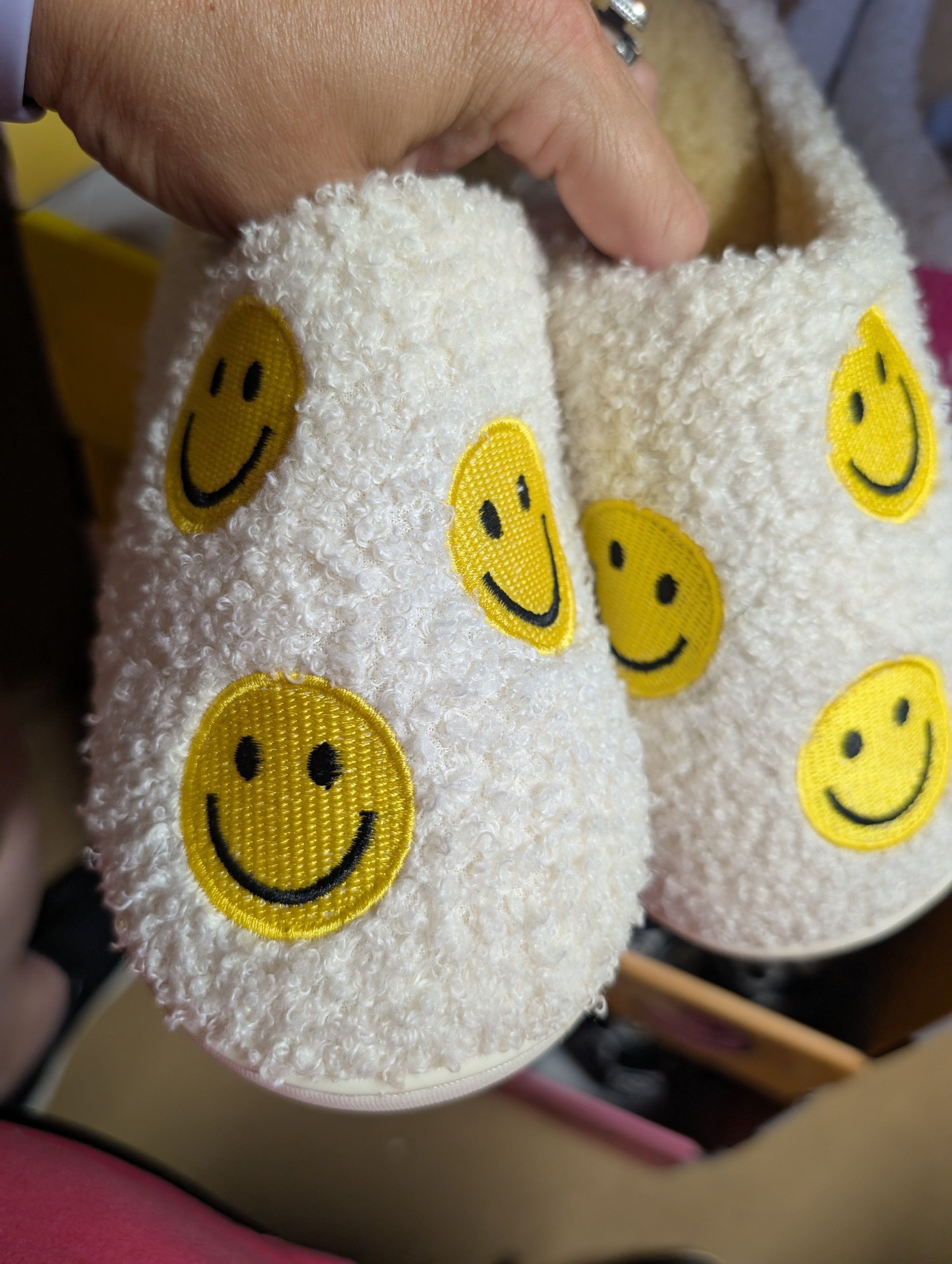 Plush Smiley Face Slippers Size Small 9-10 - Image 1
