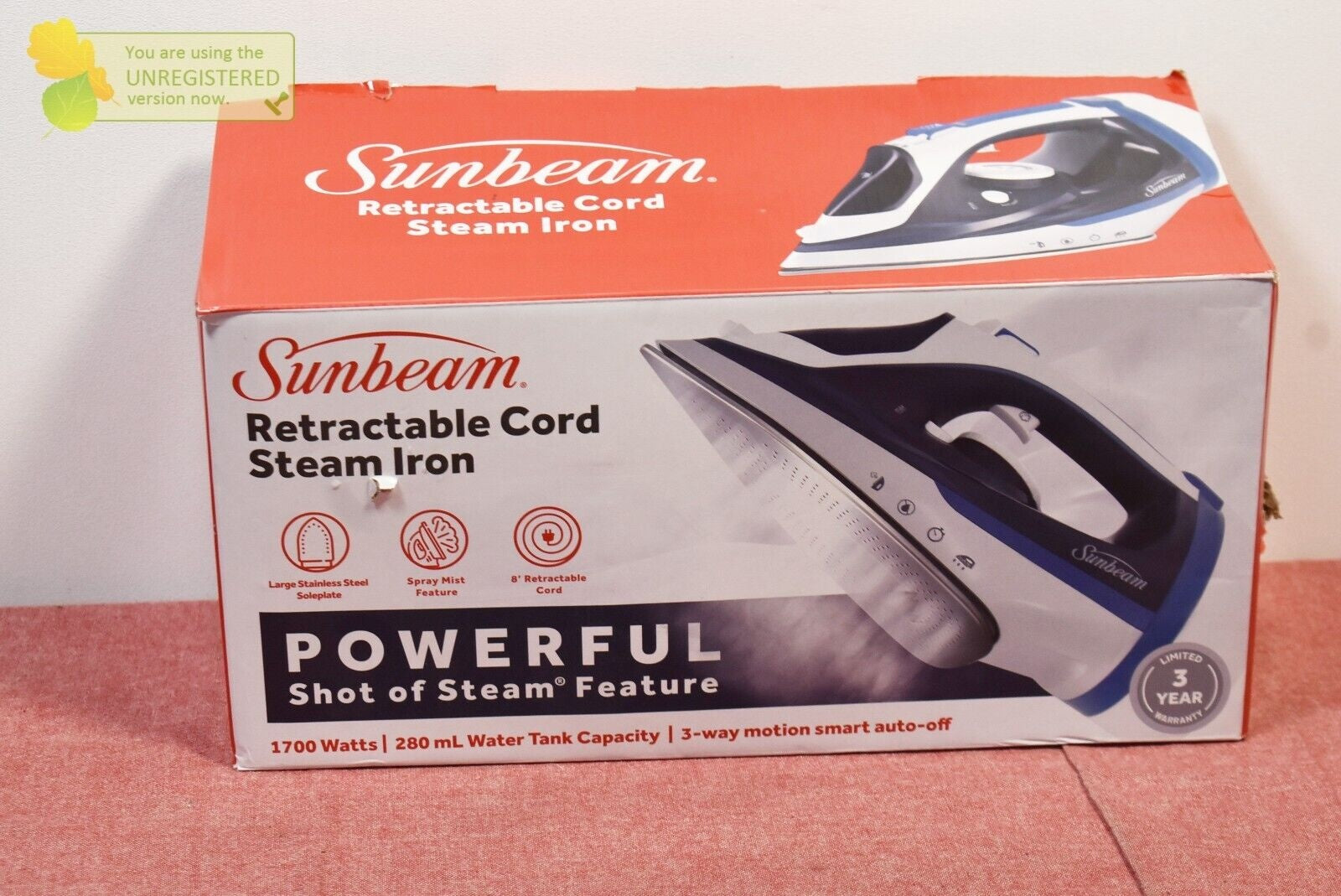 Sunbeam 1700W Steam Iron with Retractable Cord and Shot of Steam Feature - Image 1
