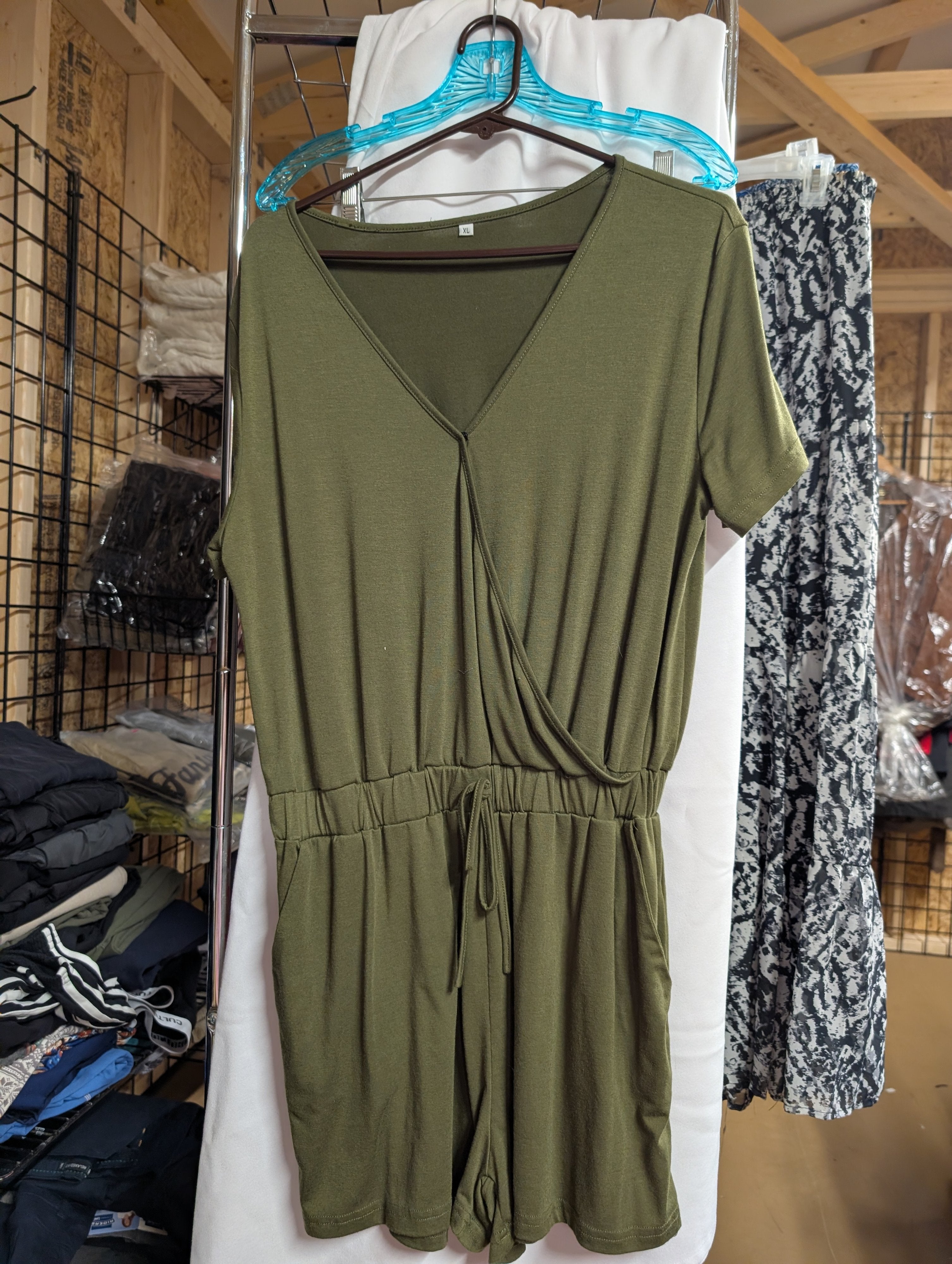 XL Olive Green Short Sleeve Romper - Image 1