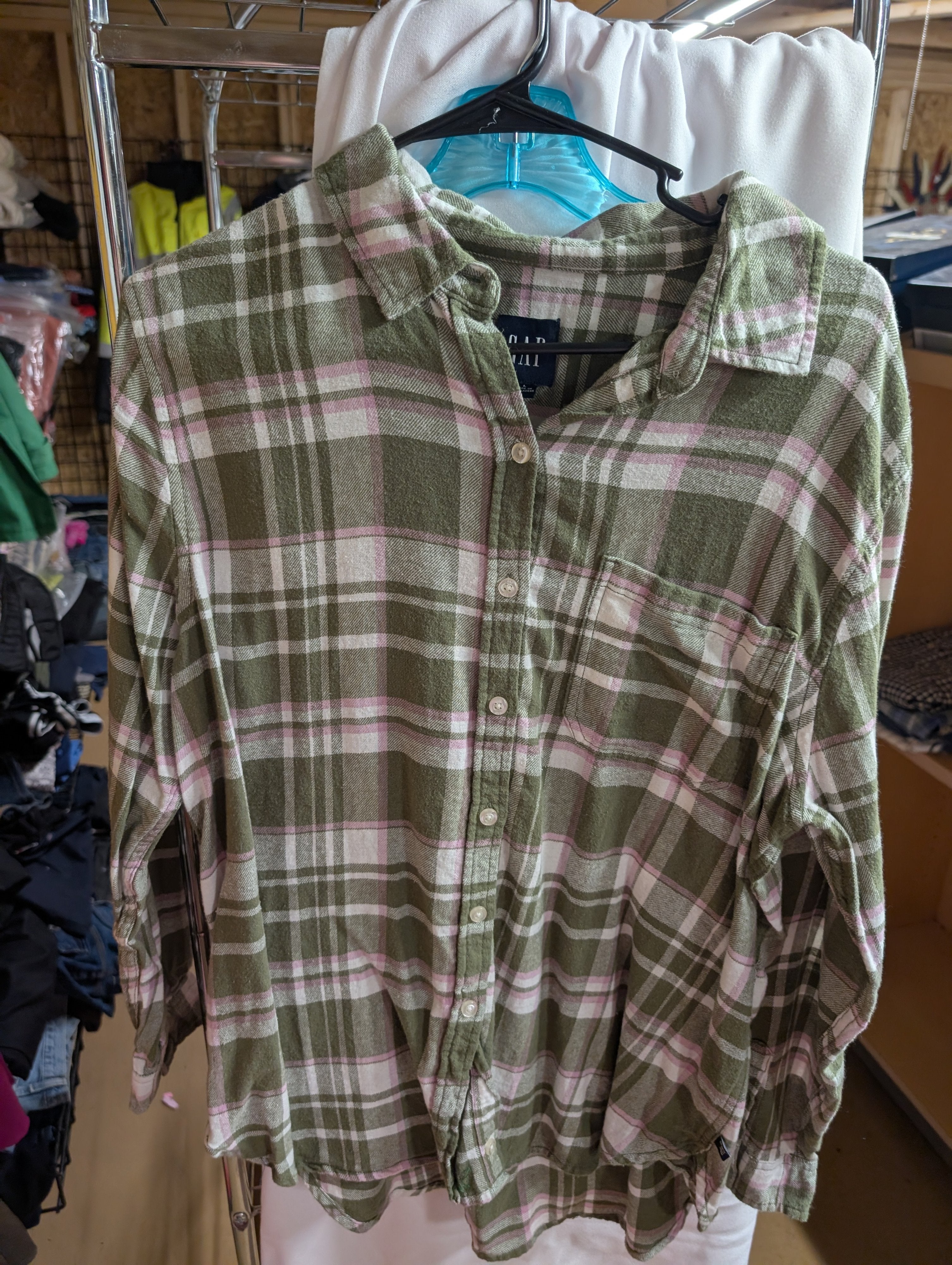 GAP Plaid Long Sleeve Shirt - Green/Pink, Women's - Image 1