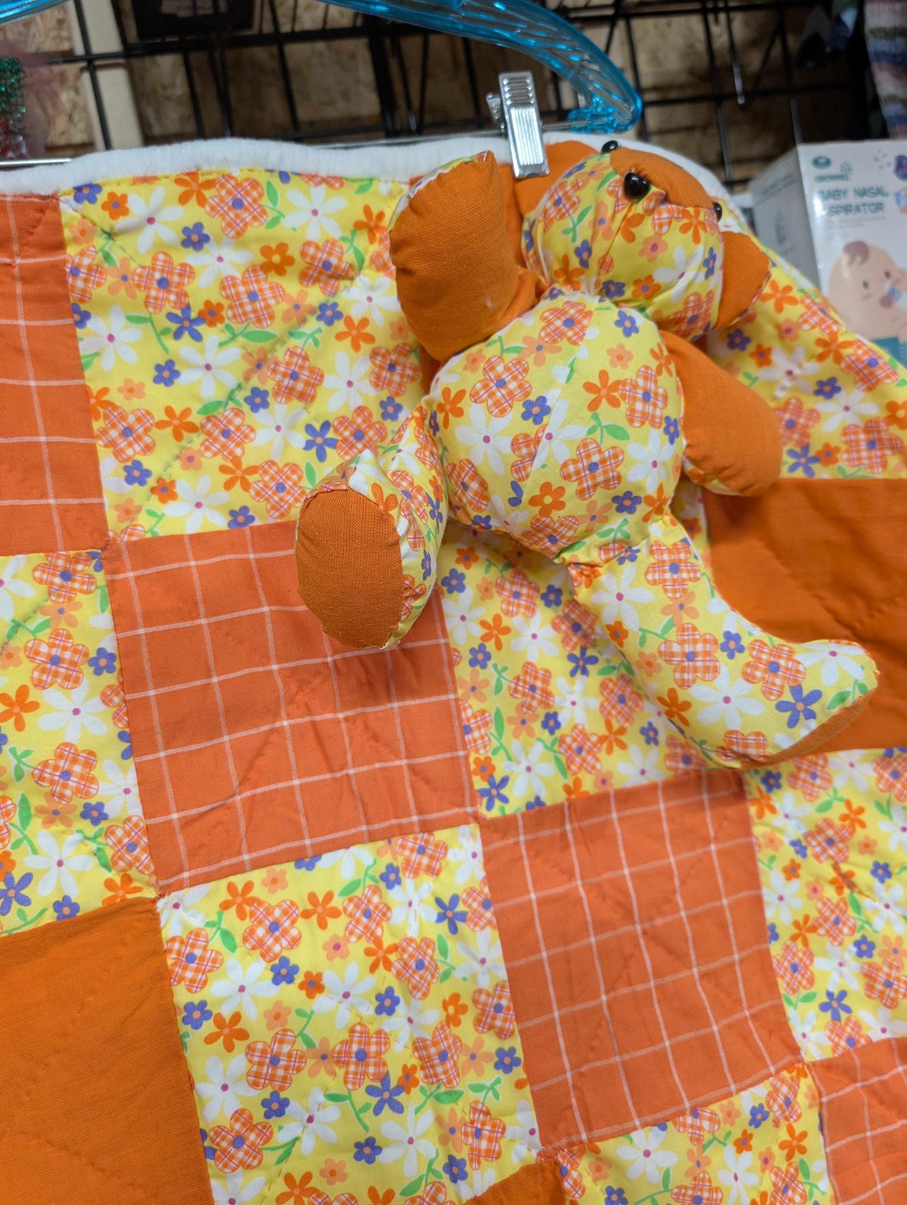 Handmade Patchwork Baby Quilt with Stuffed Bear - Image 1
