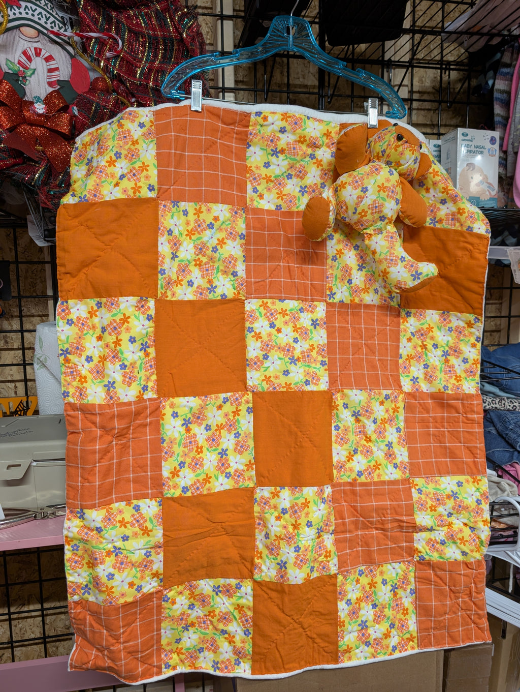 Handmade Patchwork Baby Quilt with Stuffed Bear - Image 4
