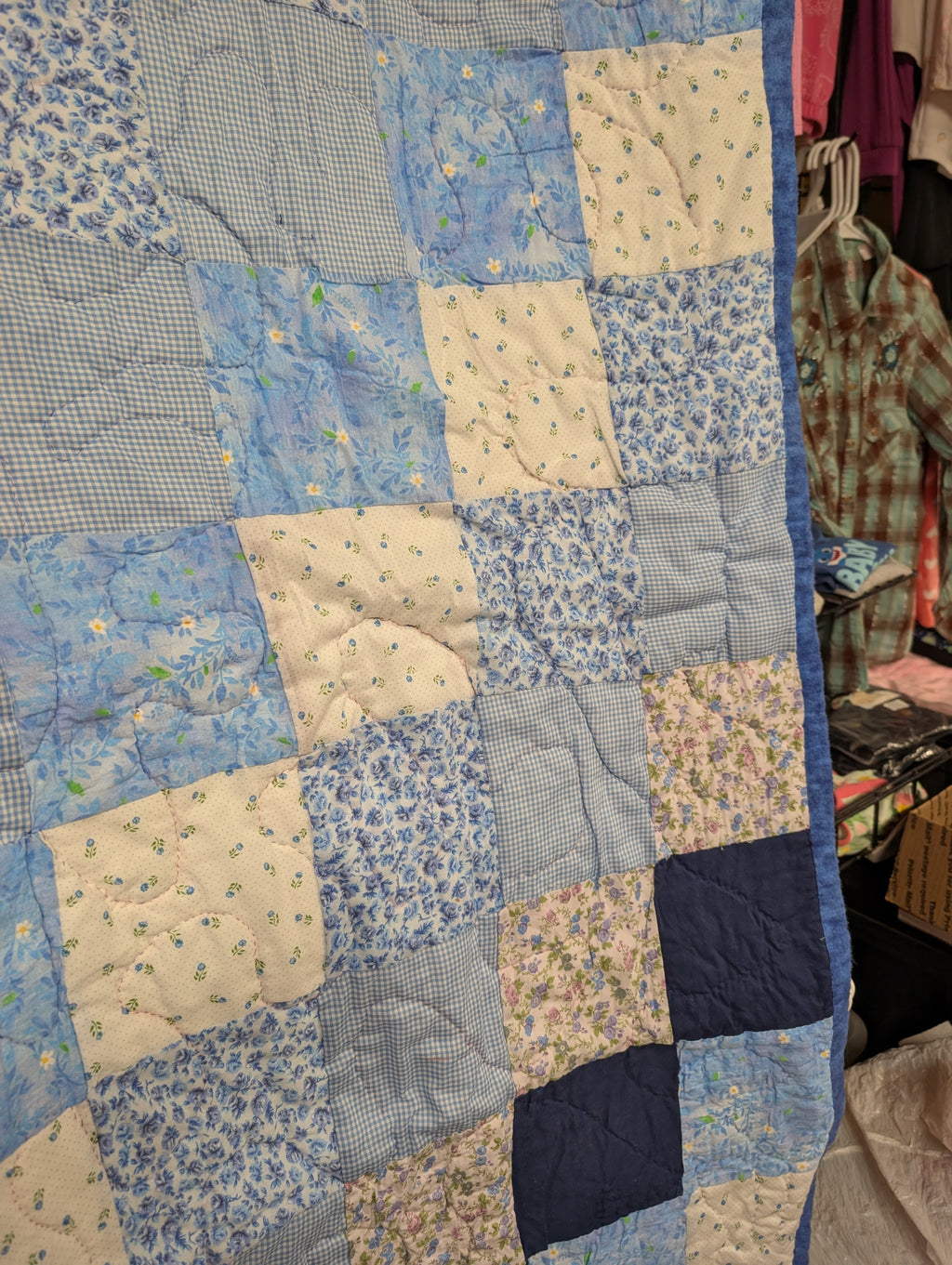 Handmade Blue Patchwork Quilt Floral Design - Image 3