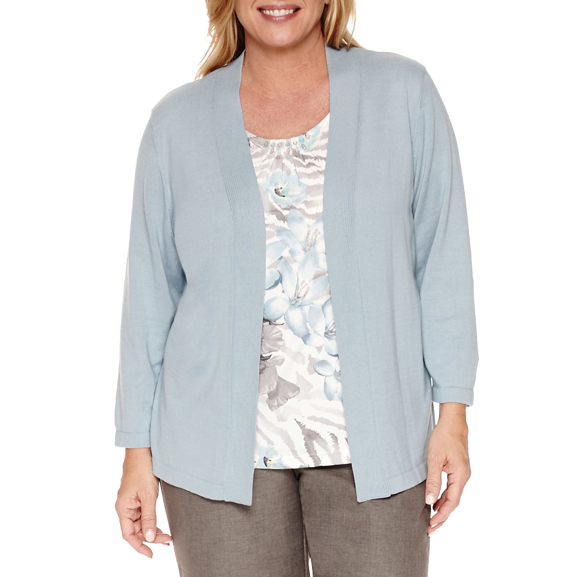 Alfred Dunner 3/4 Sleeve Crew Neck Layered blouse with Sweaters attached Plus - Image 1