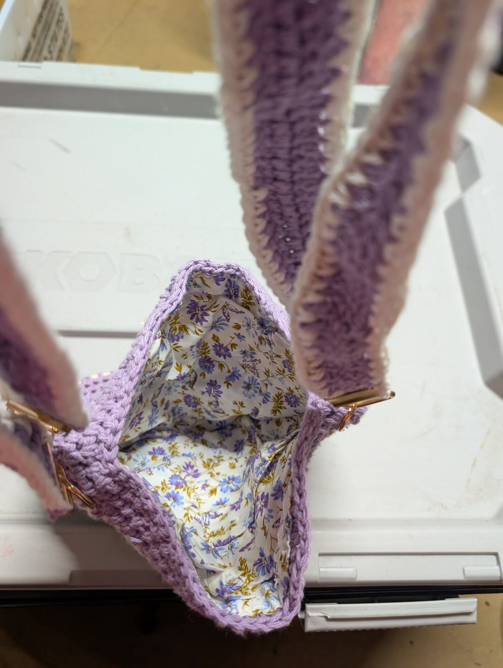 Handmade Crochet Bag with Floral Lining with pochets - Image 2