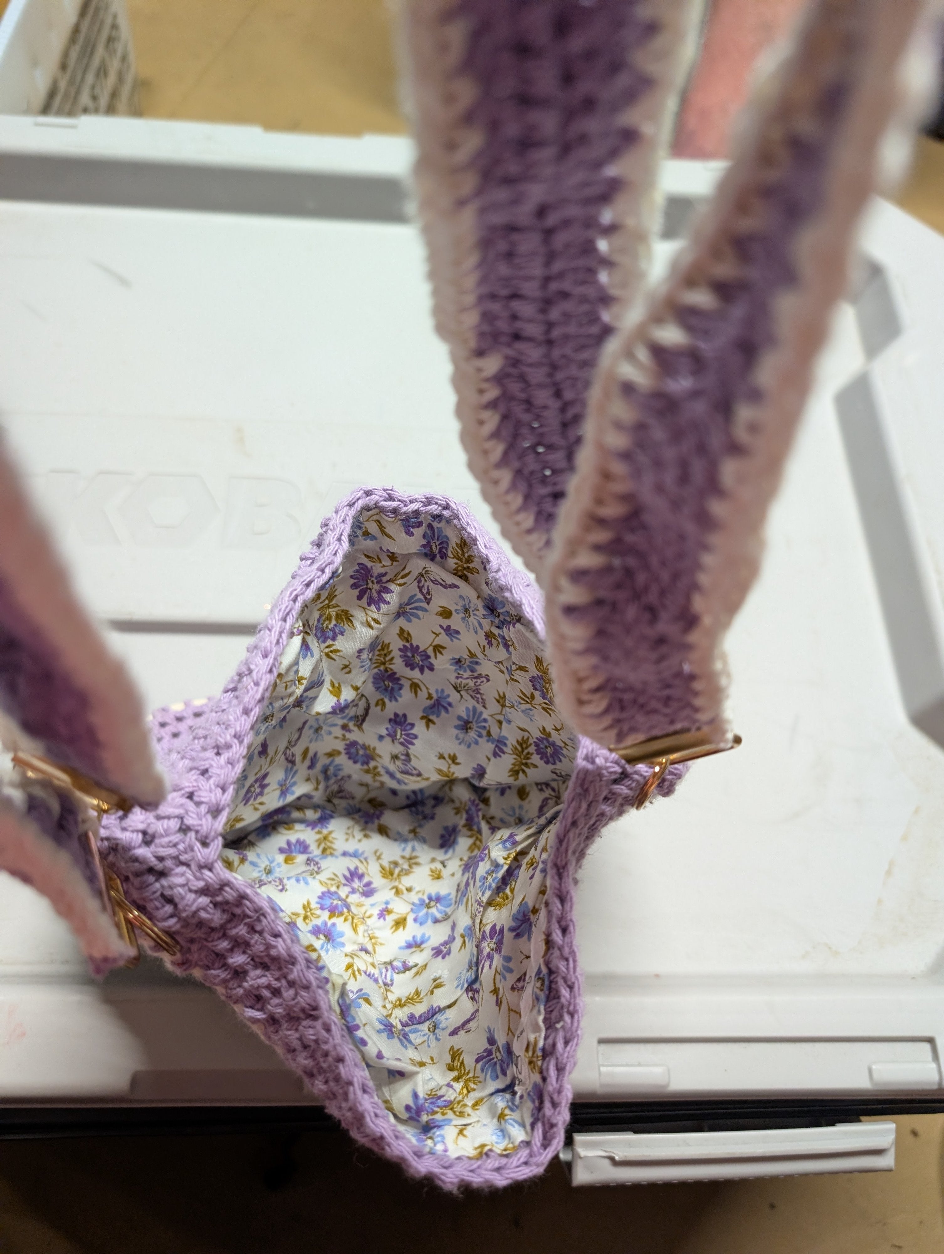 Handmade Crochet Bag with Floral Lining with pochets - Image 2