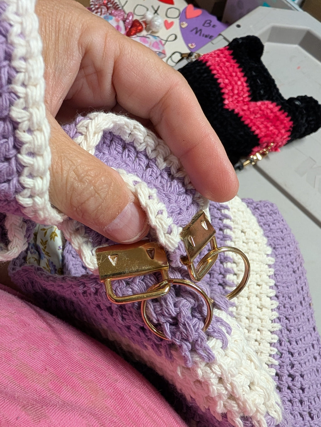 Handmade Crochet Bag with Floral Lining with pochets - Image 3