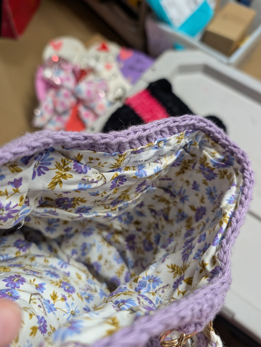 Handmade Crochet Bag with Floral Lining with pochets - Image 4