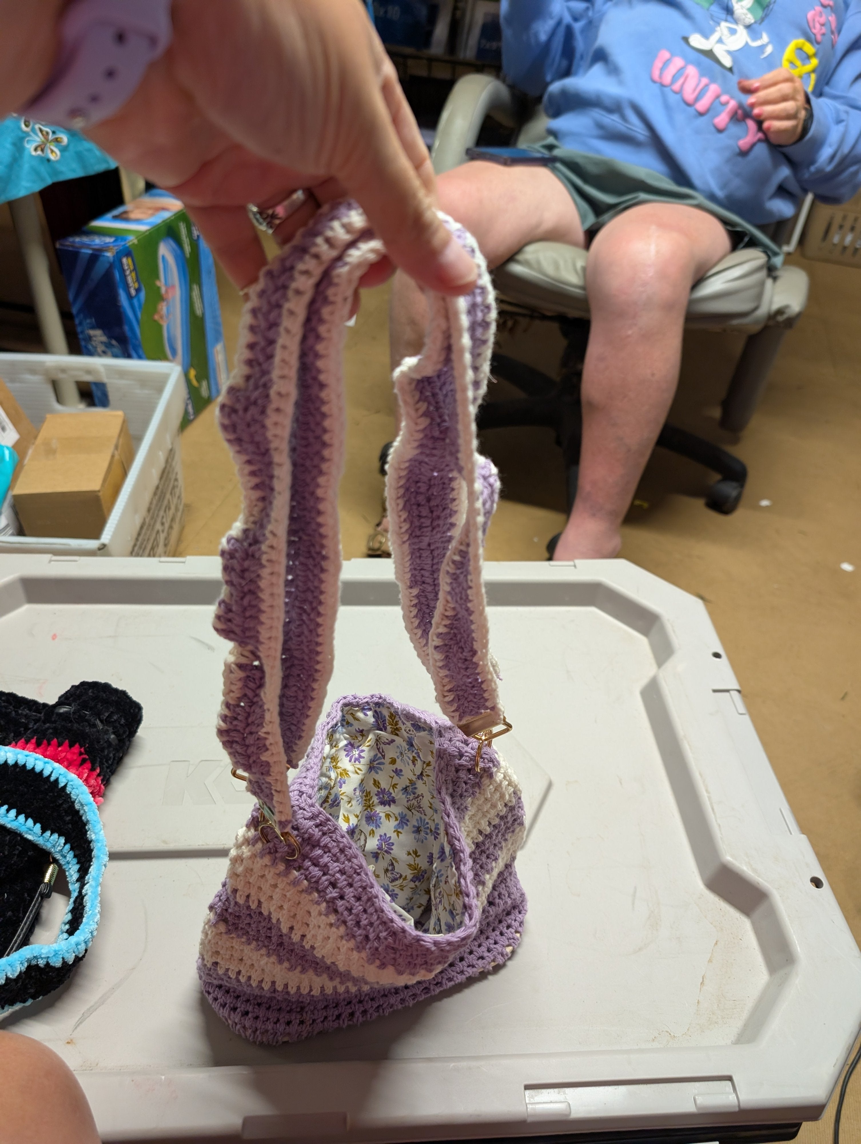 Handmade Crochet Bag with Floral Lining with pochets - Image 6