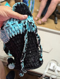 Handmade Crochet Drawstring Bag Black and Aqua - Image 1