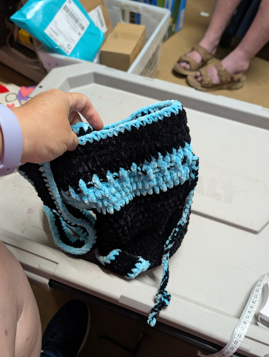 Handmade Crochet Drawstring Bag Black and Aqua - Image 2