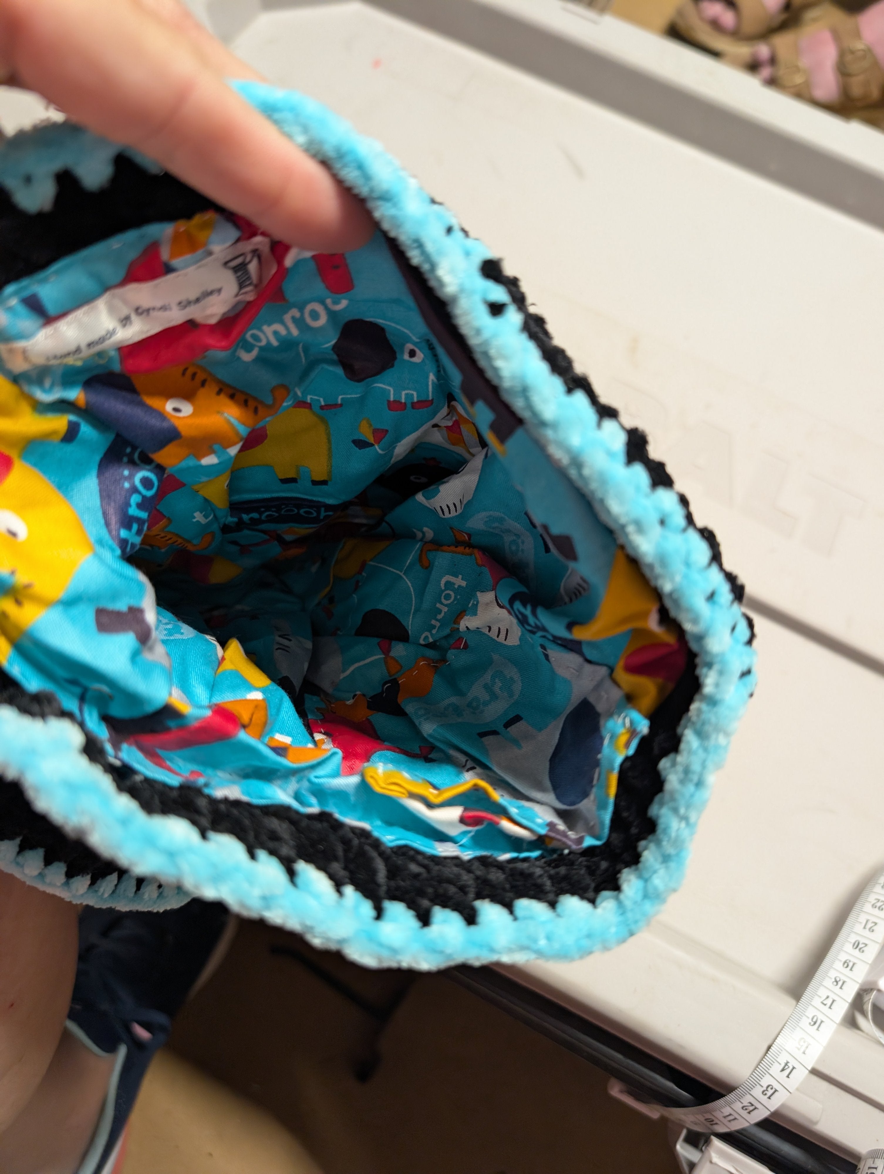 Handmade Crochet Drawstring Bag Black and Aqua - Image 3