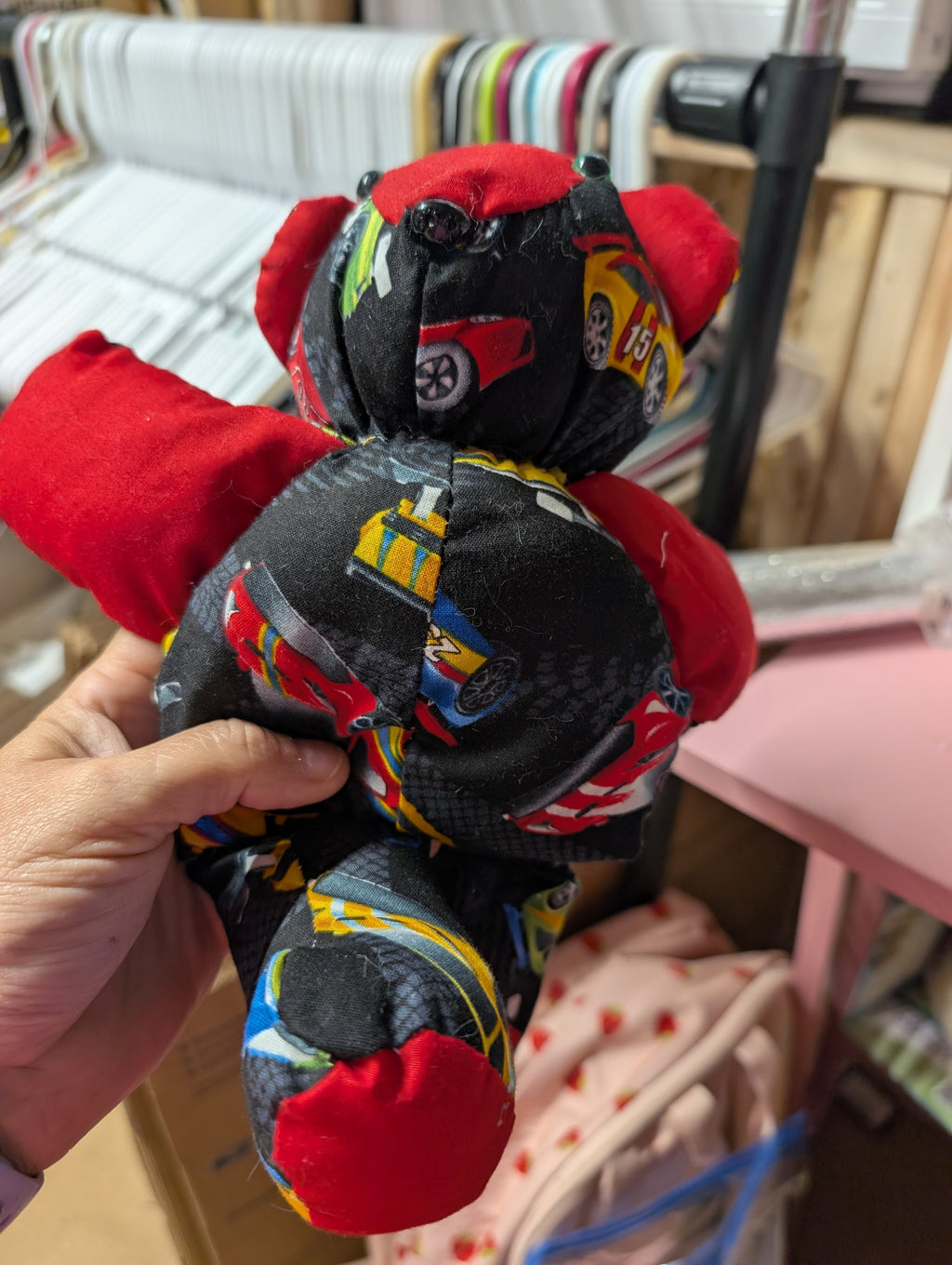 Handmade Patchwork Teddy Bear with Car Print - Image 2