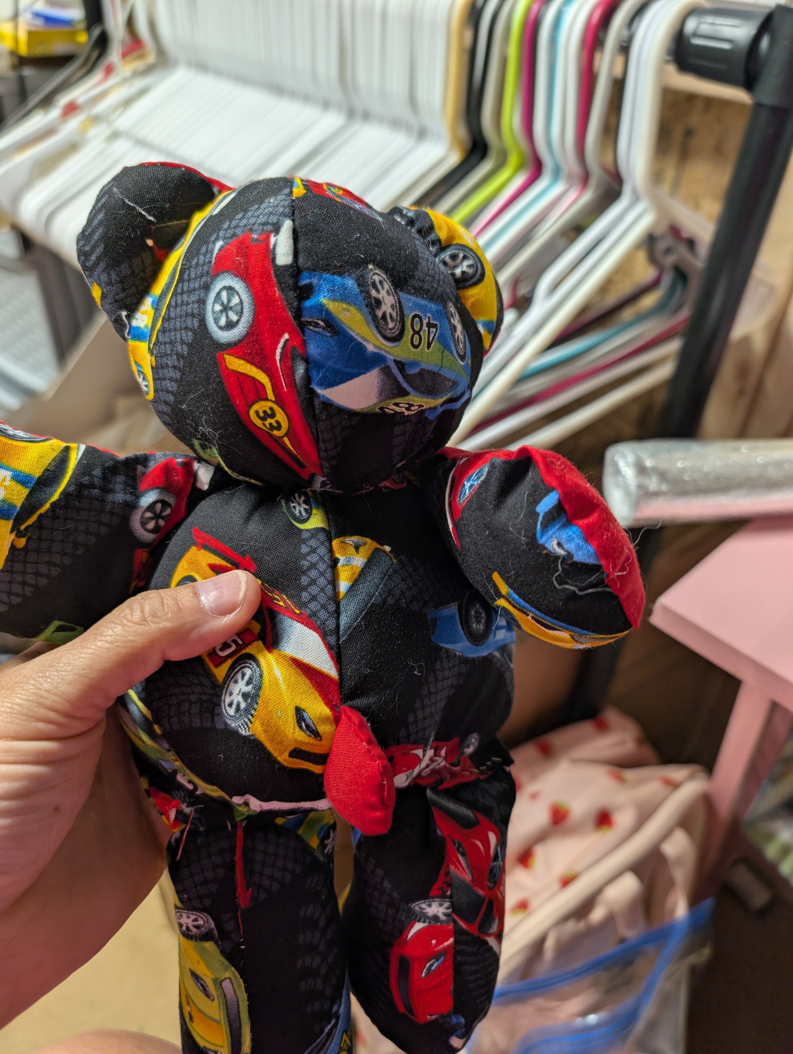 Handmade Patchwork Teddy Bear with Car Print - Image 3