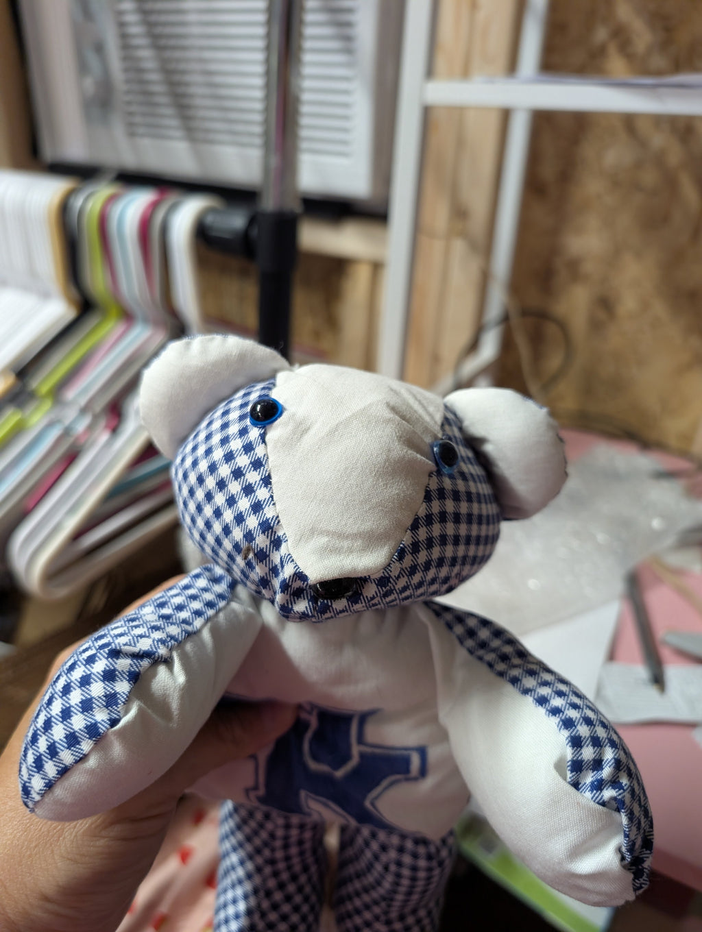 Handmade Blue Gingham Teddy Bear Plush Toy - Image 4