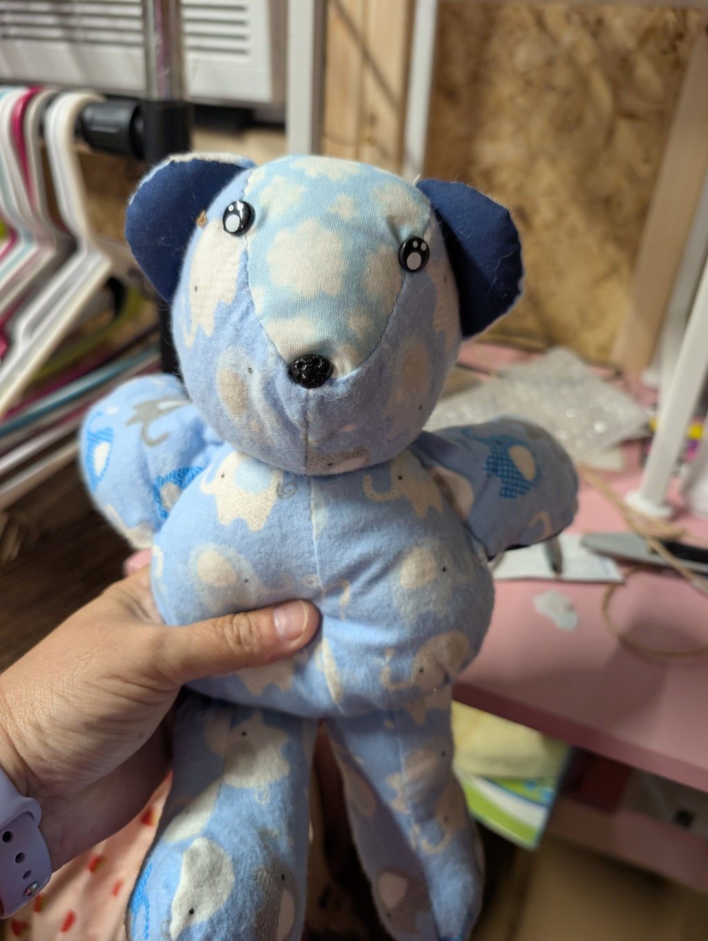 Handmade Blue Elephant Print Plush Teddy Bear - Image 2