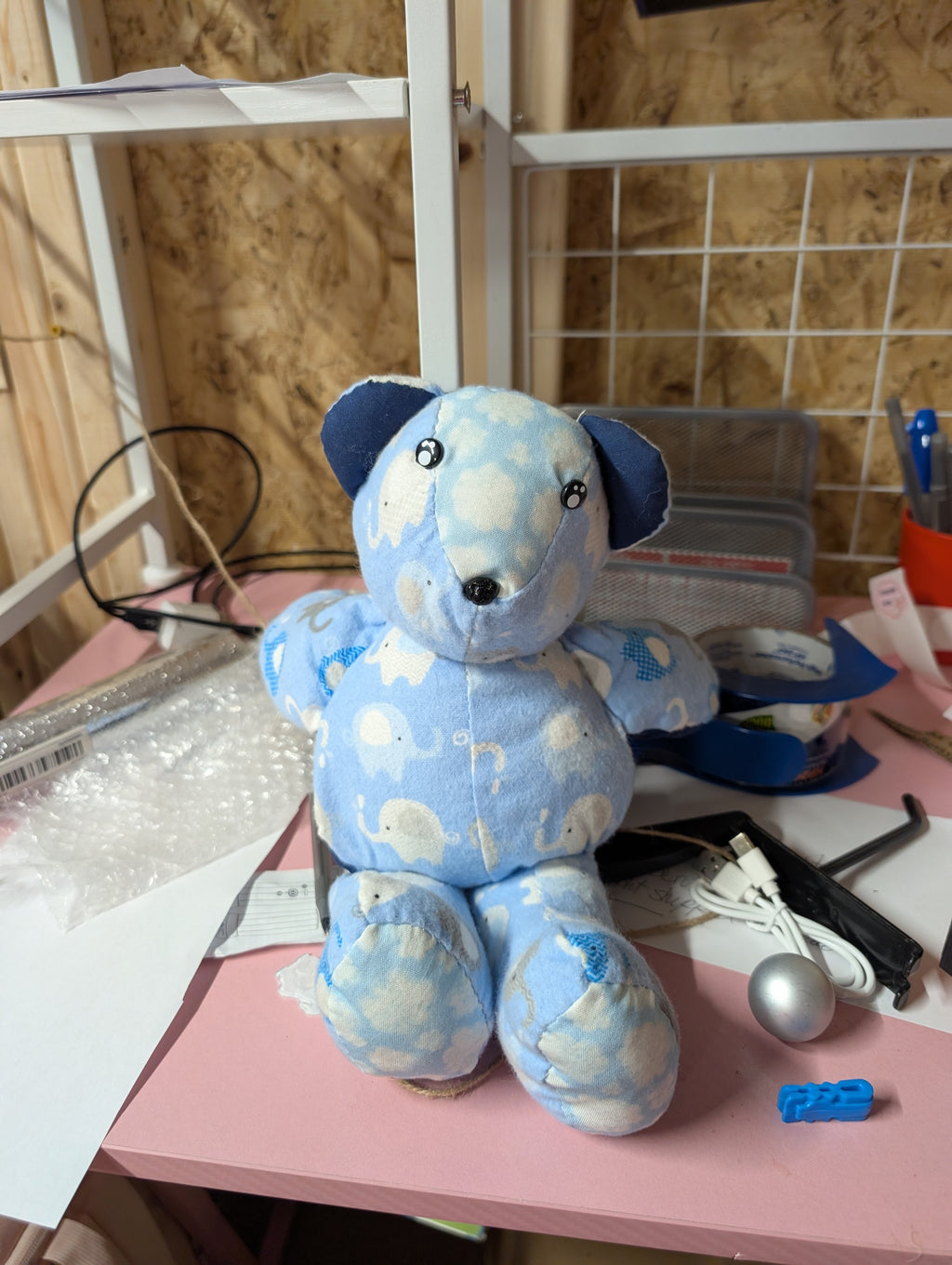 Handmade Blue Elephant Print Plush Teddy Bear - Image 1