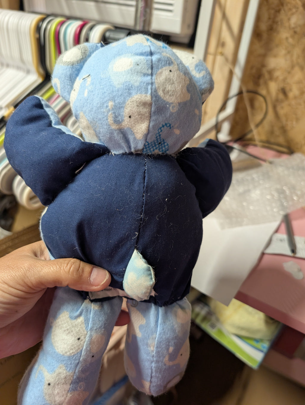 Handmade Blue Elephant Print Plush Teddy Bear - Image 3