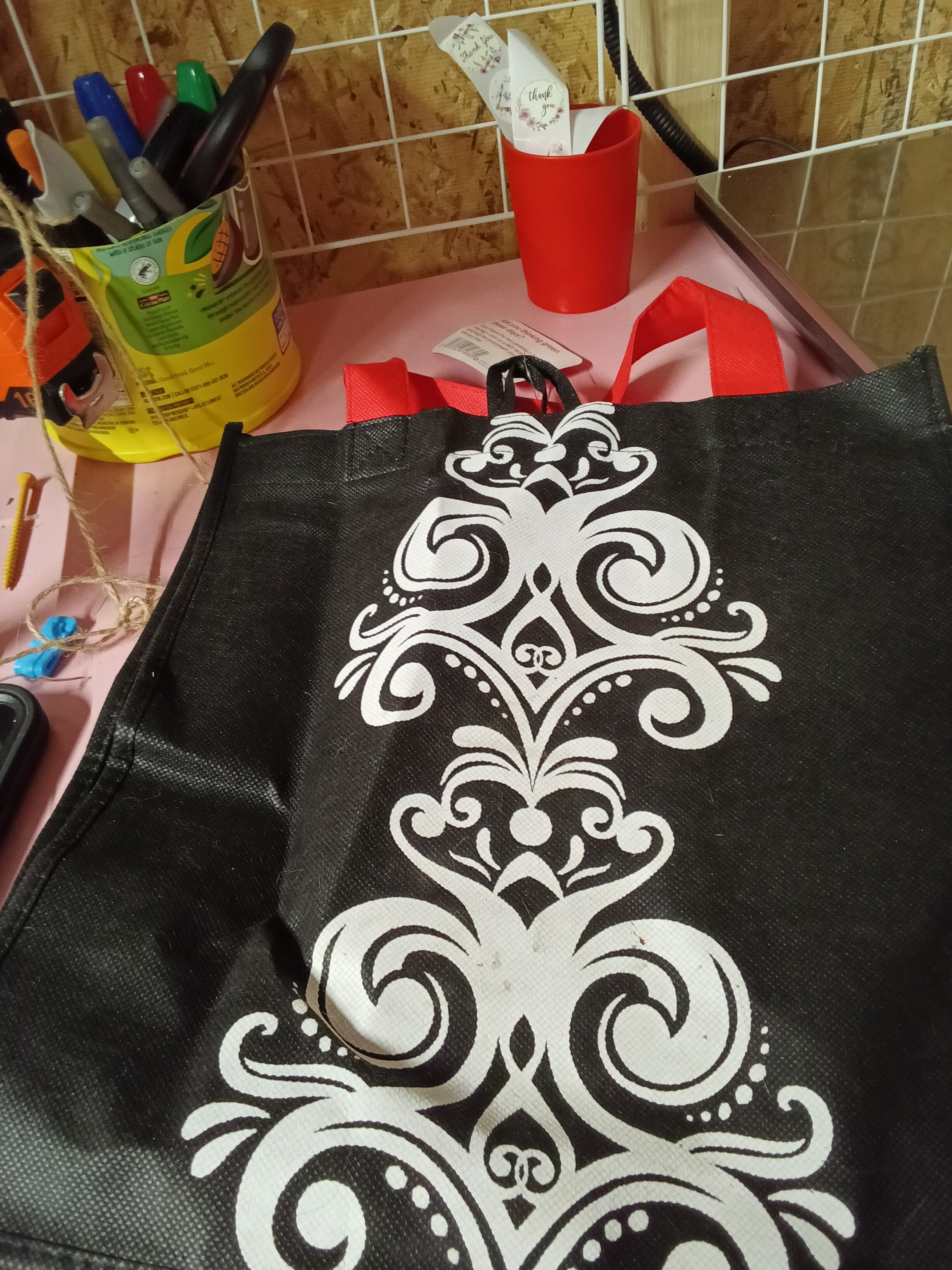 Sally Beauty Black Tote Bag with Red Handles - Image 1
