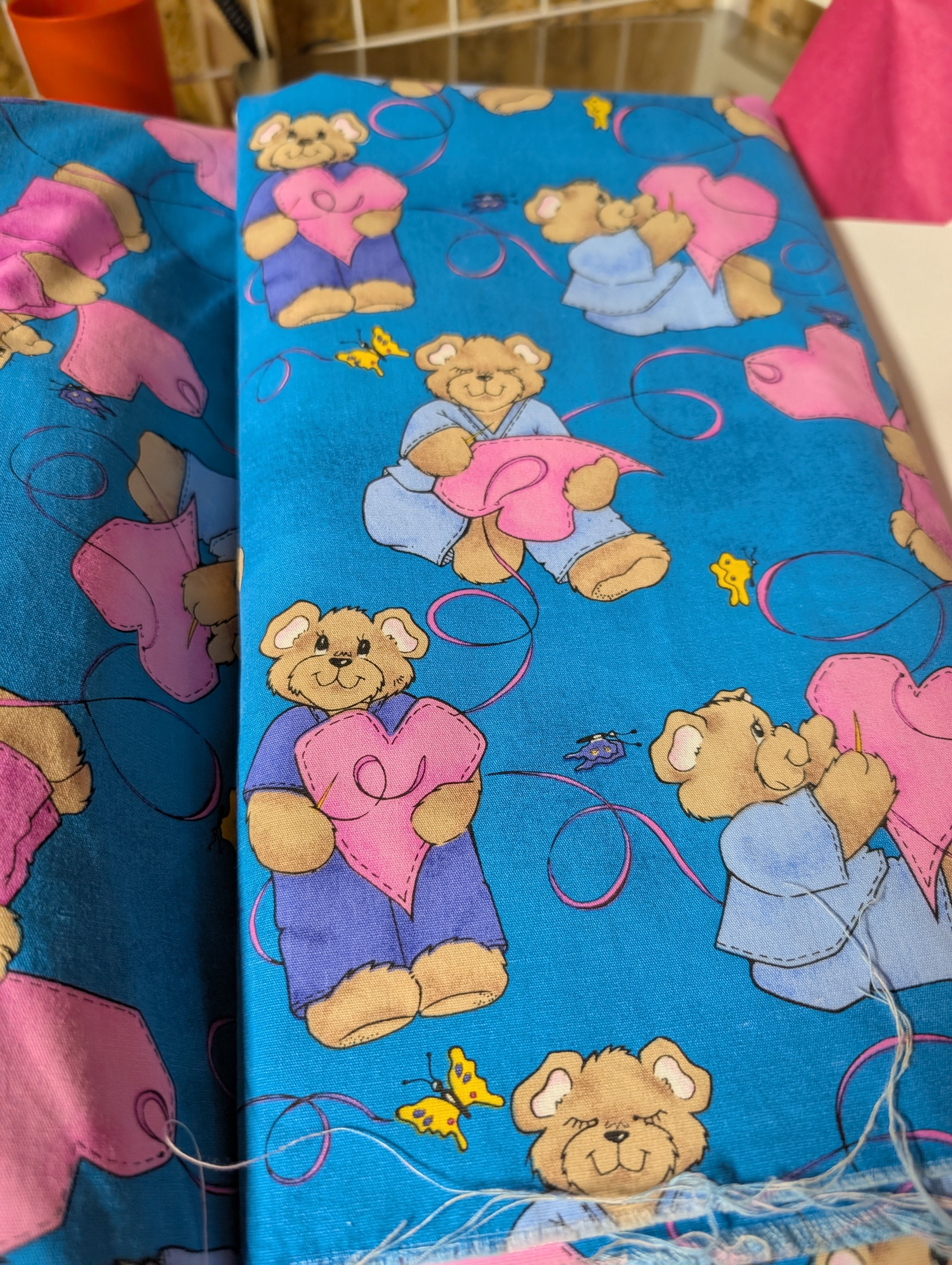 Teddy Bear Print Fabric Blue Pink Sewing Material 2 yds - Image 2