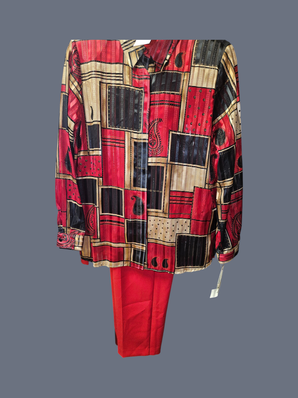 Vintage Red Patterned Blouse and Pants Set - Image 1