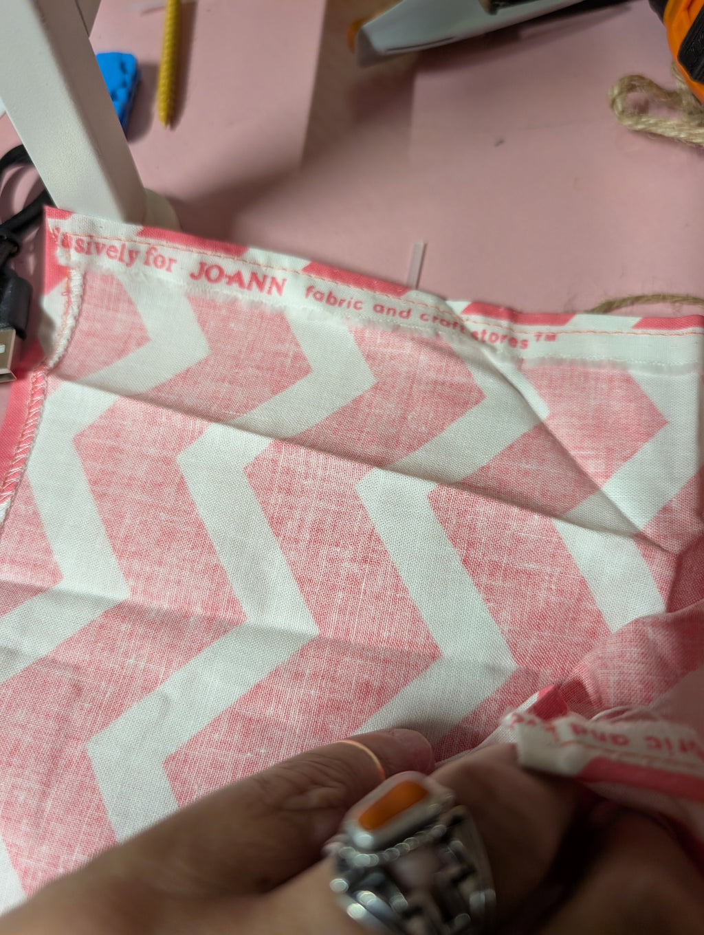 Joann Chevron Fabric Pink and White - Image 2