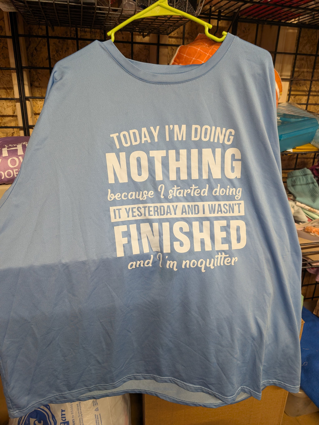Blue Graphic T-Shirt with Humorous Quote, Short Sleeve - Image 1